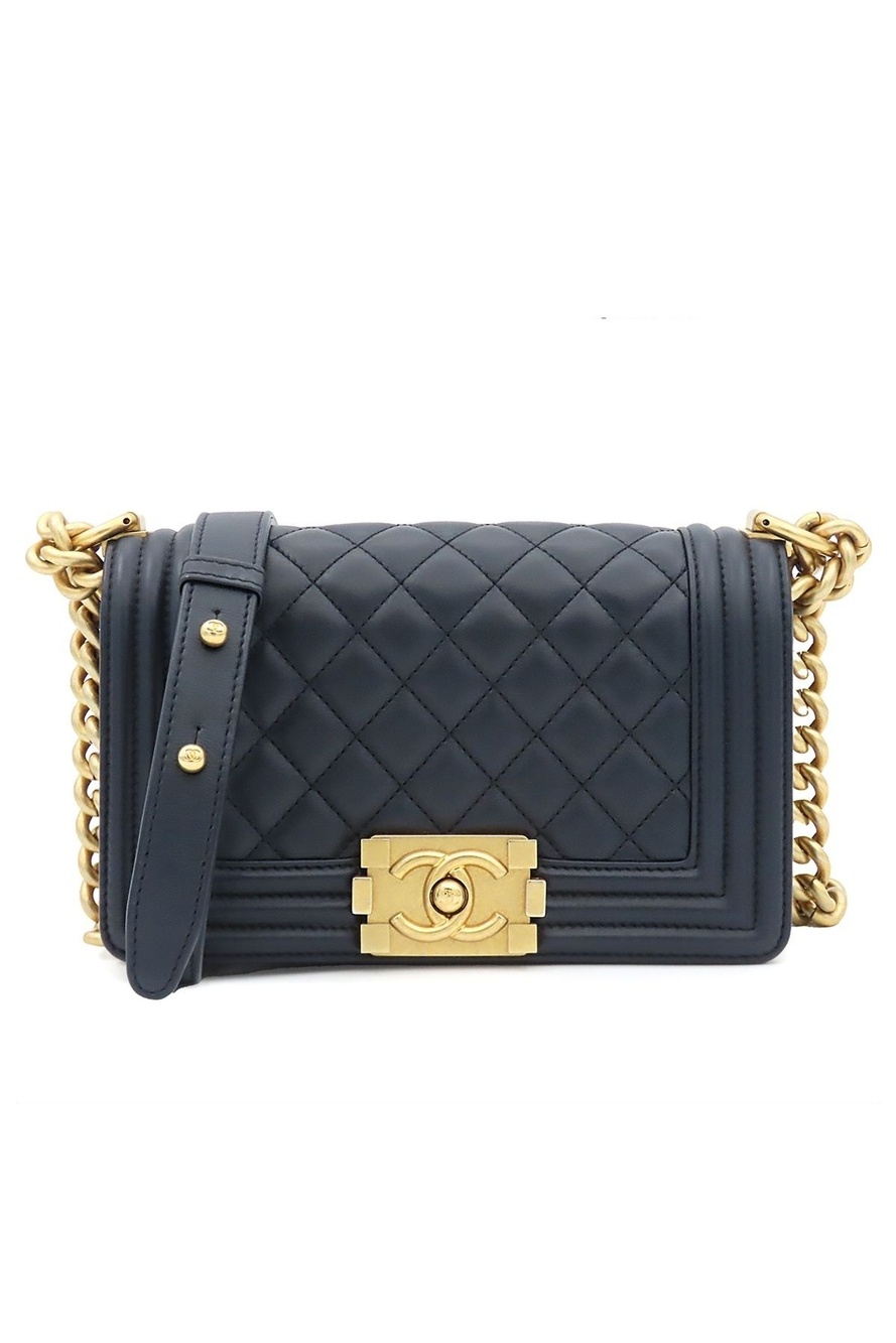 Chanel Boy 20 Small Chain Shoulder Bag Navy Gold Lambskin